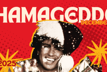 Promotional banner for Whamageddon, featuring a joyful person with a wide smile, set against a red and yellow dotted background with starbursts and the dates December 1st-24th displayed prominently.