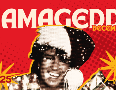 Promotional banner for Whamageddon, featuring a joyful person with a wide smile, set against a red and yellow dotted background with starbursts and the dates December 1st-24th displayed prominently.