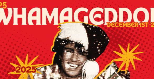 Promotional banner for Whamageddon, featuring a joyful person with a wide smile, set against a red and yellow dotted background with starbursts and the dates December 1st-24th displayed prominently.
