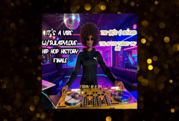 A promotional image featuring a DJ from PUMA, standing at a DJ booth and mixing tracks. The scene includes vibrant nightclub lighting and a disco ball. Text overlay indicates a special event titled "It's A Vibe: The 90's & Beyond w/ DJ Lady Love Hip Hop History Finale, The After Turkey Day Mix, Friday @ 8 PM.