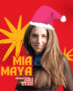 A person with text labels on a red, dotted background.