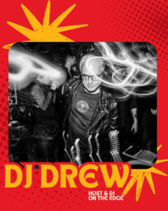 A person with text labels on a red, dotted background.