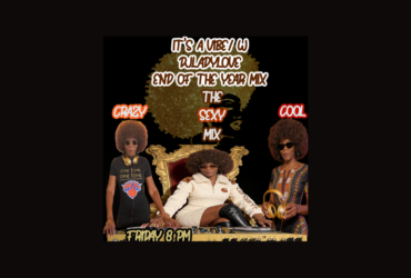 Promotional image for 'It's a Dubby U End of the Year Mix' featuring two DJs with afro hairstyles, seated around a golden throne. One DJ wears a Knicks t-shirt, the other a patterned dress, both surrounded by musical equipment. Text announces the event as the 'Crazy Sexy Cool Mix', scheduled for Friday at 8 PM.