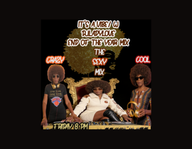 Promotional image for 'It's a Dubby U End of the Year Mix' featuring two DJs with afro hairstyles, seated around a golden throne. One DJ wears a Knicks t-shirt, the other a patterned dress, both surrounded by musical equipment. Text announces the event as the 'Crazy Sexy Cool Mix', scheduled for Friday at 8 PM.