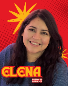 A person with text labels on a red, dotted background.