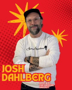 A person with text labels on a red, dotted background.