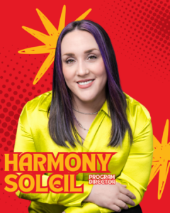 A person with text labels on a red, dotted background.