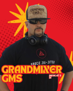 A person with text labels on a red, dotted background.