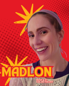 A person with text labels on a red, dotted background.