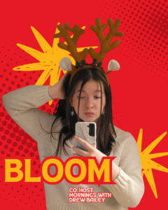 A person with text labels on a red, dotted background.