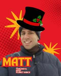 A person with text labels on a red, dotted background.