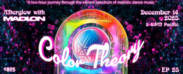 Promotional banner for "Color Theory", a melodic dance music event featuring Madeon on December 14, 2025, from 8-10 PM Pacific. The image displays a colorful abstract background with prominent event details.
