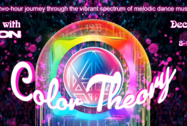 Promotional banner for "Color Theory", a melodic dance music event featuring Madeon on December 14, 2025, from 8-10 PM Pacific. The image displays a colorful abstract background with prominent event details.