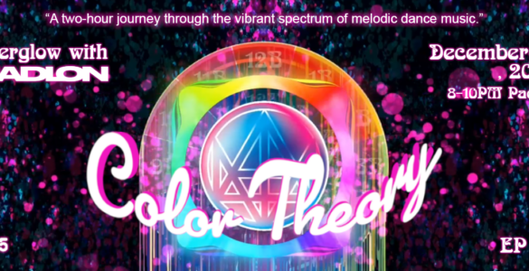 Promotional banner for "Color Theory", a melodic dance music event featuring Madeon on December 14, 2025, from 8-10 PM Pacific. The image displays a colorful abstract background with prominent event details.