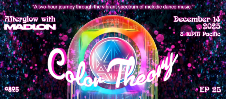 Promotional banner for "Color Theory", a melodic dance music event featuring Madeon on December 14, 2025, from 8-10 PM Pacific. The image displays a colorful abstract background with prominent event details.