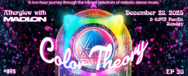 Promotional banner for "Color Theory's Afterglow with Madeon" event on December 28, 2025, featuring a colorful, neon-lit graphic with music and event details.