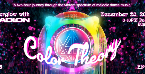 Promotional banner for "Color Theory's Afterglow with Madeon" event on December 28, 2025, featuring a colorful, neon-lit graphic with music and event details.