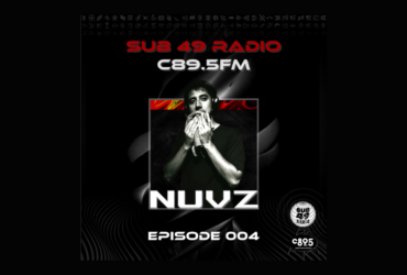 Promotional poster for Sub 49 Radio on C89.5 FM featuring an individual with hands near their face, microphone visible, under the logo "NUVZ" for Episode 004. Background is dark with red accent designs.