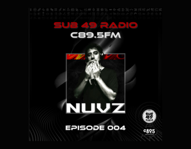 Promotional poster for Sub 49 Radio on C89.5 FM featuring an individual with hands near their face, microphone visible, under the logo "NUVZ" for Episode 004. Background is dark with red accent designs.