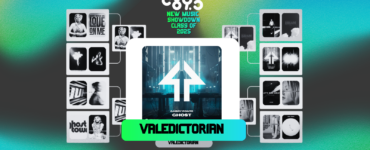 Promotional graphic for C895's New Music Showdown Class of 2025 featuring an upward arrow and the word 'Valedictorian' highlighted against a two-tone blue and green background. The image also includes multiple photos depicting various scenes and people, arranged around the central text.