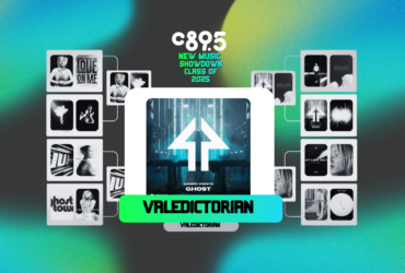 Promotional graphic for C895's New Music Showdown Class of 2025 featuring an upward arrow and the word 'Valedictorian' highlighted against a two-tone blue and green background. The image also includes multiple photos depicting various scenes and people, arranged around the central text.