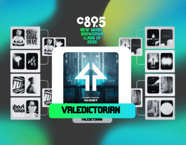 Promotional graphic for C895's New Music Showdown Class of 2025 featuring an upward arrow and the word 'Valedictorian' highlighted against a two-tone blue and green background. The image also includes multiple photos depicting various scenes and people, arranged around the central text.