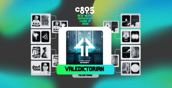 Promotional graphic for C895's New Music Showdown Class of 2025 featuring an upward arrow and the word 'Valedictorian' highlighted against a two-tone blue and green background. The image also includes multiple photos depicting various scenes and people, arranged around the central text.