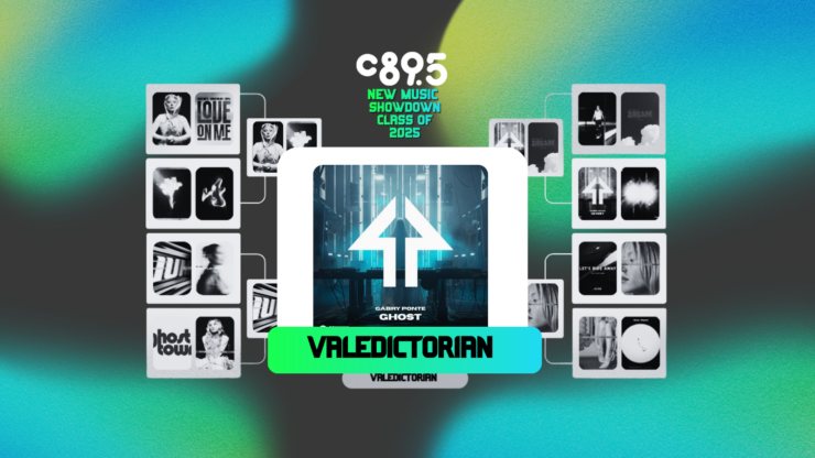 Promotional graphic for C895's New Music Showdown Class of 2025 featuring an upward arrow and the word 'Valedictorian' highlighted against a two-tone blue and green background. The image also includes multiple photos depicting various scenes and people, arranged around the central text.