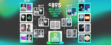 Promotional graphic for C89.5's New Music Showdown Class of 2025, featuring a variety of album covers connected by lines on a vibrant teal and dark blue background. Dates for each showdown are listed from December 15 to December 19.