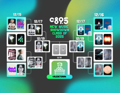 Promotional graphic for C89.5's New Music Showdown Class of 2025, featuring a variety of album covers connected by lines on a vibrant teal and dark blue background. Dates for each showdown are listed from December 15 to December 19.
