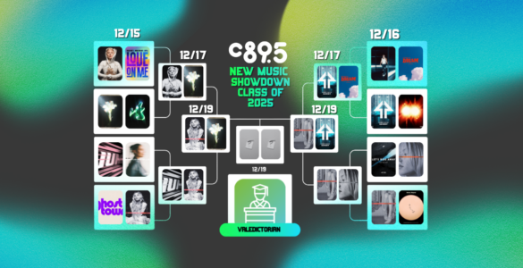Promotional graphic for C89.5's New Music Showdown Class of 2025, featuring a variety of album covers connected by lines on a vibrant teal and dark blue background. Dates for each showdown are listed from December 15 to December 19.