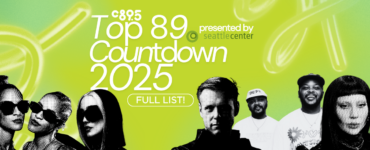 Promotional banner for C89.5's Top 89 Countdown 2025, featuring a colorful backdrop with stylized photographs of various artists, presented by Seattle Center. Includes text labels and a 'Full List' button.