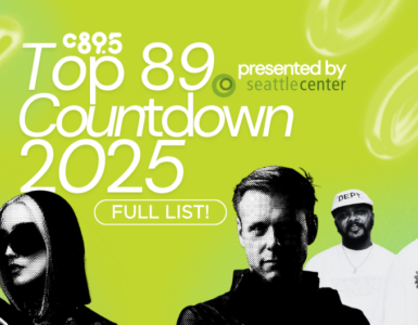 Promotional banner for C89.5's Top 89 Countdown 2025, featuring a colorful backdrop with stylized photographs of various artists, presented by Seattle Center. Includes text labels and a 'Full List' button.