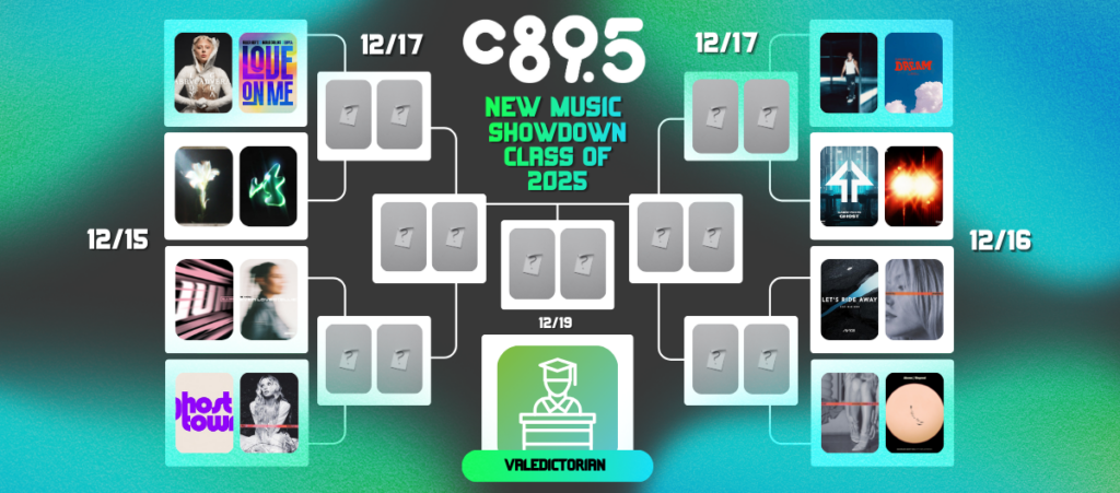 Promotional banner for C89.5's "New Music Showdown Class of 2025" featuring a schedule with various album covers and dates.