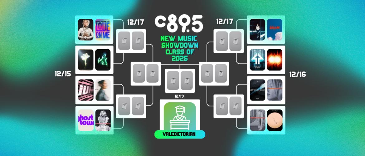 Promotional banner for C89.5's "New Music Showdown Class of 2025" featuring a schedule with various album covers and dates.
