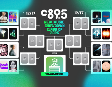 Promotional banner for C89.5's "New Music Showdown Class of 2025" featuring a schedule with various album covers and dates.