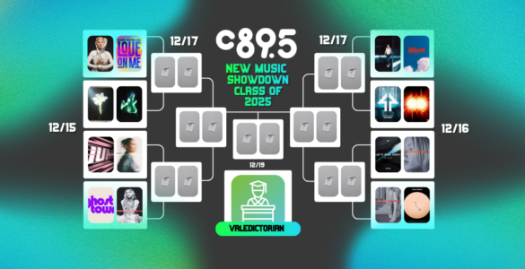 Promotional banner for C89.5's "New Music Showdown Class of 2025" featuring a schedule with various album covers and dates.