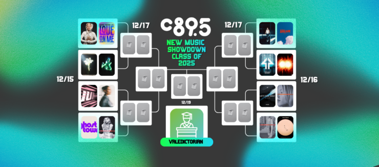 Promotional banner for C89.5's "New Music Showdown Class of 2025" featuring a schedule with various album covers and dates.