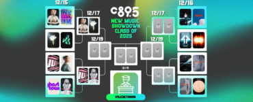 Promotional graphic for C895's New Music Showdown Class of 2025, featuring a schedule from December 15th to December 19th with various artist images and album covers. The graphic has a vibrant blue and green background with a central large text and date panels connected by lines to images representing the artists playing on specific days.