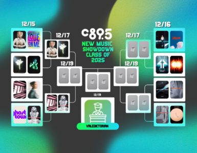 Promotional graphic for C895's New Music Showdown Class of 2025, featuring a schedule from December 15th to December 19th with various artist images and album covers. The graphic has a vibrant blue and green background with a central large text and date panels connected by lines to images representing the artists playing on specific days.