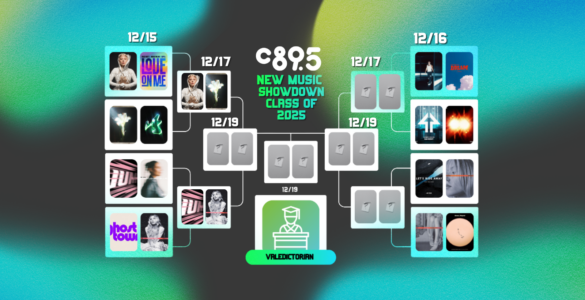 Promotional graphic for C895's New Music Showdown Class of 2025, featuring a schedule from December 15th to December 19th with various artist images and album covers. The graphic has a vibrant blue and green background with a central large text and date panels connected by lines to images representing the artists playing on specific days.