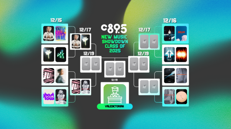 Promotional graphic for C895's New Music Showdown Class of 2025, featuring a schedule from December 15th to December 19th with various artist images and album covers. The graphic has a vibrant blue and green background with a central large text and date panels connected by lines to images representing the artists playing on specific days.