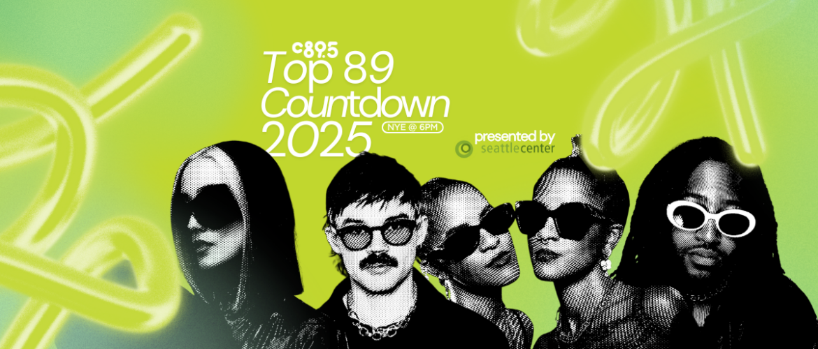Promotional banner for C895's Top 89 Countdown 2025 featuring stylized silhouettes of five individuals against a vibrant green background with abstract yellow shapes, presented by Seattle Center.