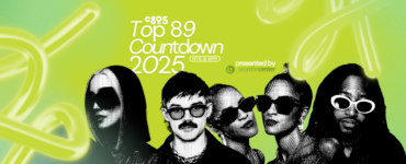Promotional banner for C895's Top 89 Countdown 2025 featuring stylized silhouettes of five individuals against a vibrant green background with abstract yellow shapes, presented by Seattle Center.