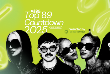 Promotional banner for C895's Top 89 Countdown 2025 featuring stylized silhouettes of five individuals against a vibrant green background with abstract yellow shapes, presented by Seattle Center.