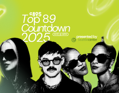 Promotional banner for C895's Top 89 Countdown 2025 featuring stylized silhouettes of five individuals against a vibrant green background with abstract yellow shapes, presented by Seattle Center.