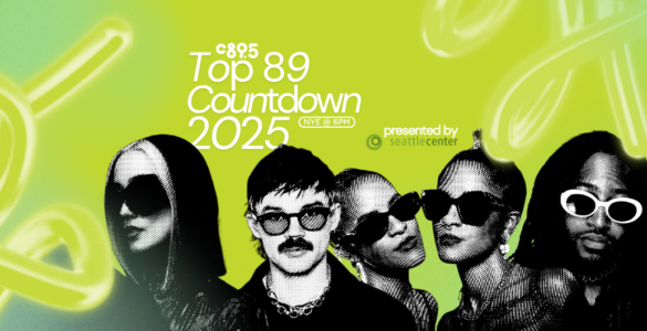 Promotional banner for C895's Top 89 Countdown 2025 featuring stylized silhouettes of five individuals against a vibrant green background with abstract yellow shapes, presented by Seattle Center.