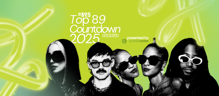Promotional banner for C895's Top 89 Countdown 2025 featuring stylized silhouettes of five individuals against a vibrant green background with abstract yellow shapes, presented by Seattle Center.