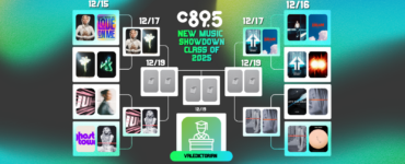Promotional image for C895's New Music Showdown of 2023, featuring a colorful abstract background with a schedule of dates from December 15 to December 19, and various album covers to represent competing music tracks or albums.