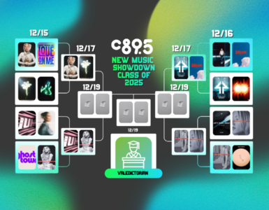 Promotional image for C895's New Music Showdown of 2023, featuring a colorful abstract background with a schedule of dates from December 15 to December 19, and various album covers to represent competing music tracks or albums.